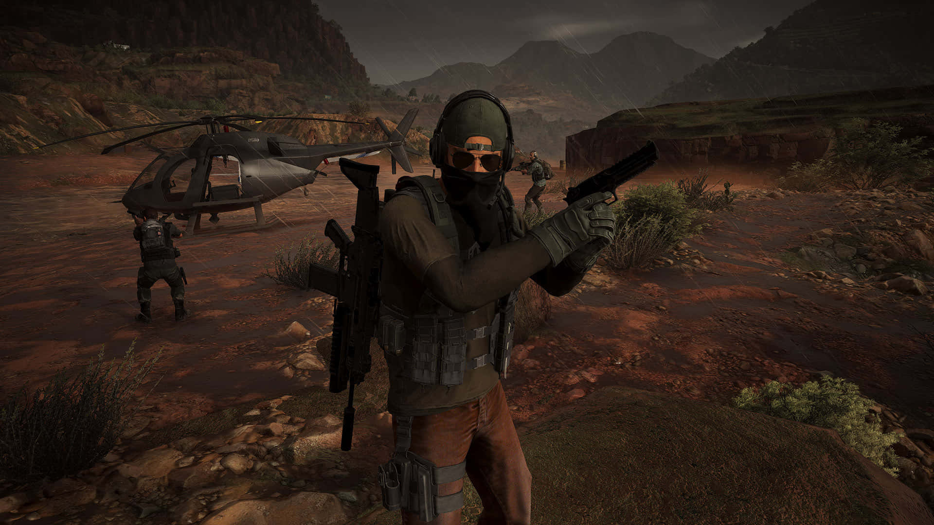 Högupplöstbakgrundsbild På Ghost Recon Wildlands Med En Maskerad Man Och En Helikopter.