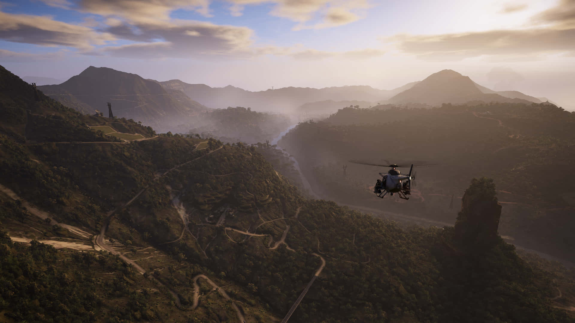 Fondode Pantalla De Ghost Recon Wildlands En Hd, Con Un Helicóptero Volando Alrededor De Las Montañas.