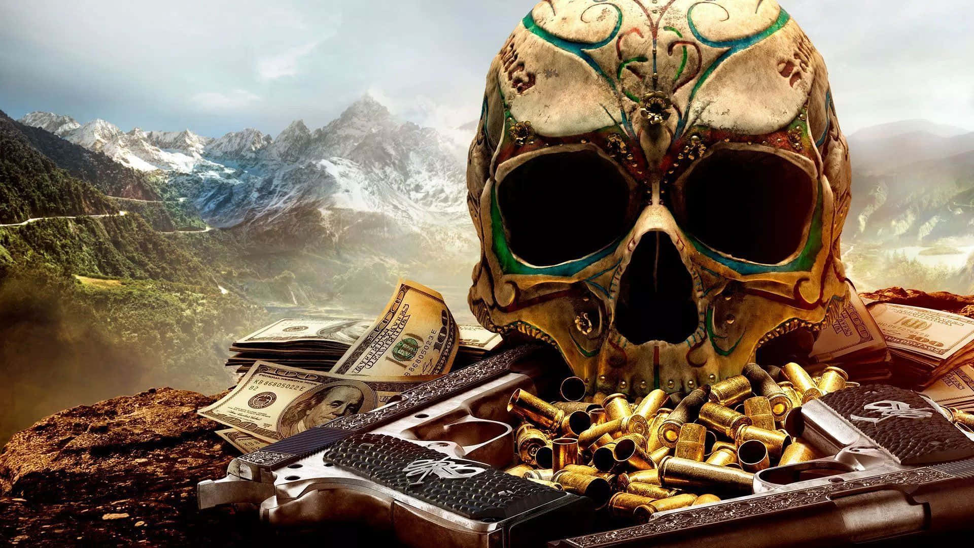 Högupplöstbakgrundsbild För Ghost Recon Wildlands Med Gyllene Kranium, Vapen Och Ammunition.