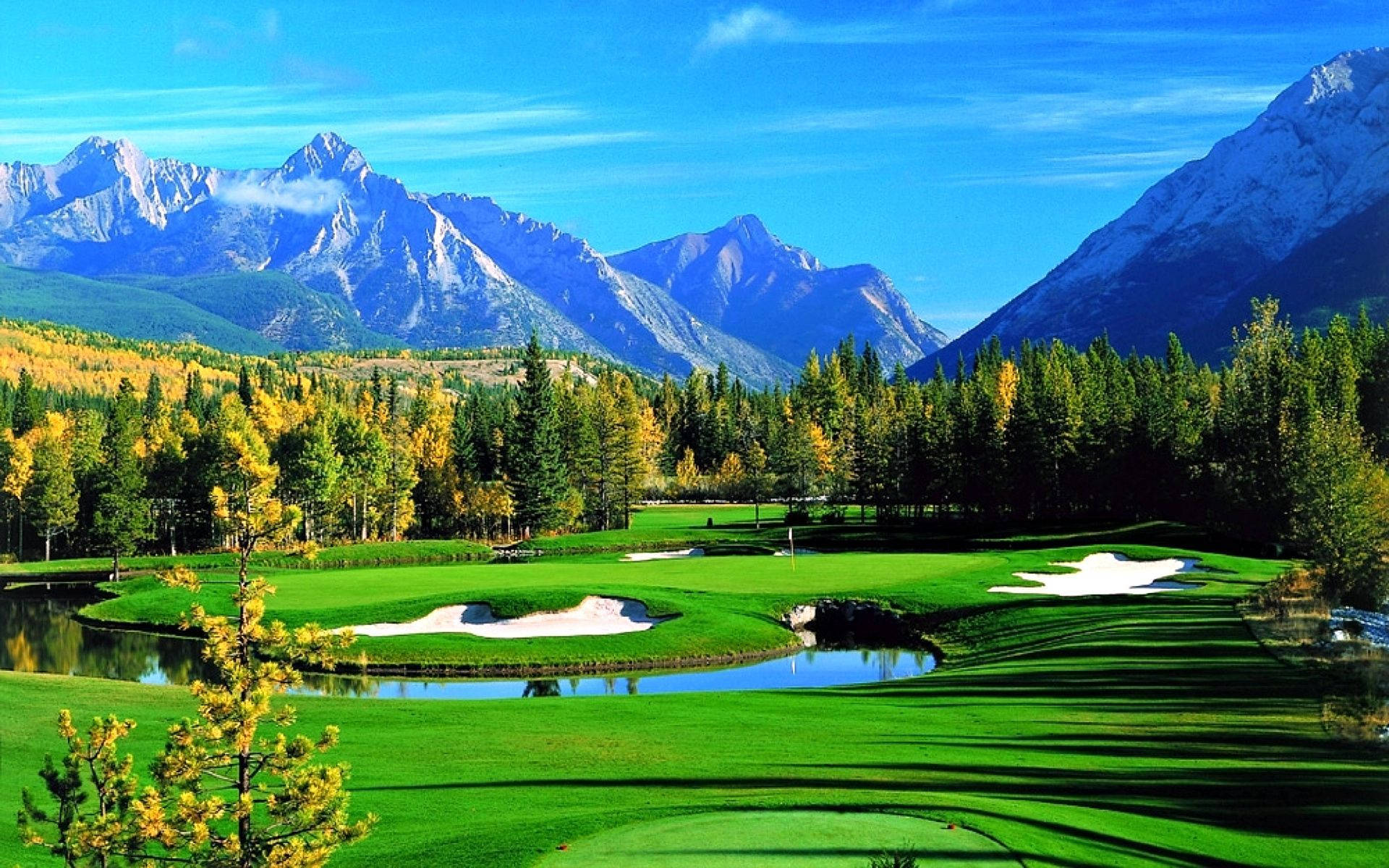 HD Golf Desktop Lagoon Fields On Mountain Foot Wallpaper