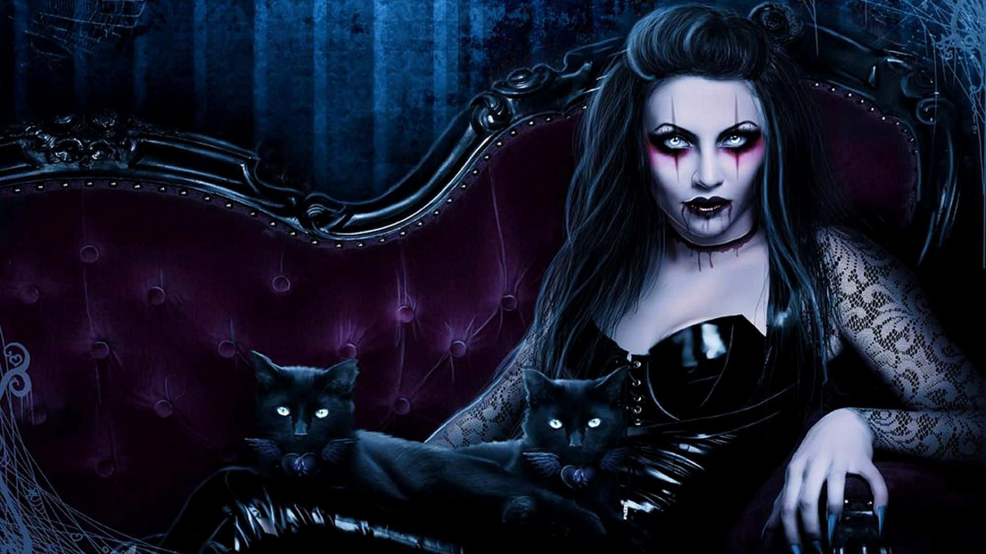 A Woman In Black Makeup Sitting On A Couch With Two Black Cats Wallpaper