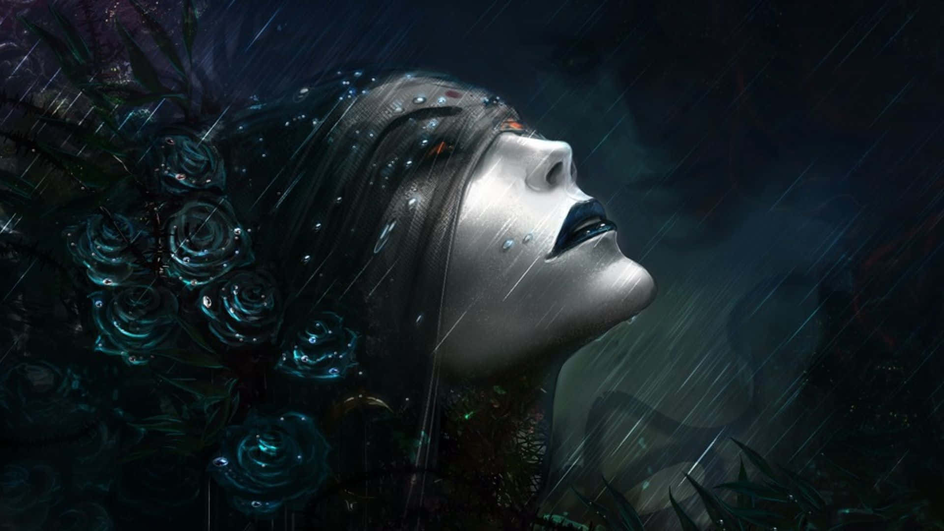 Enkvinna I Regnet Med Rosor På Hennes Ansikte. Wallpaper