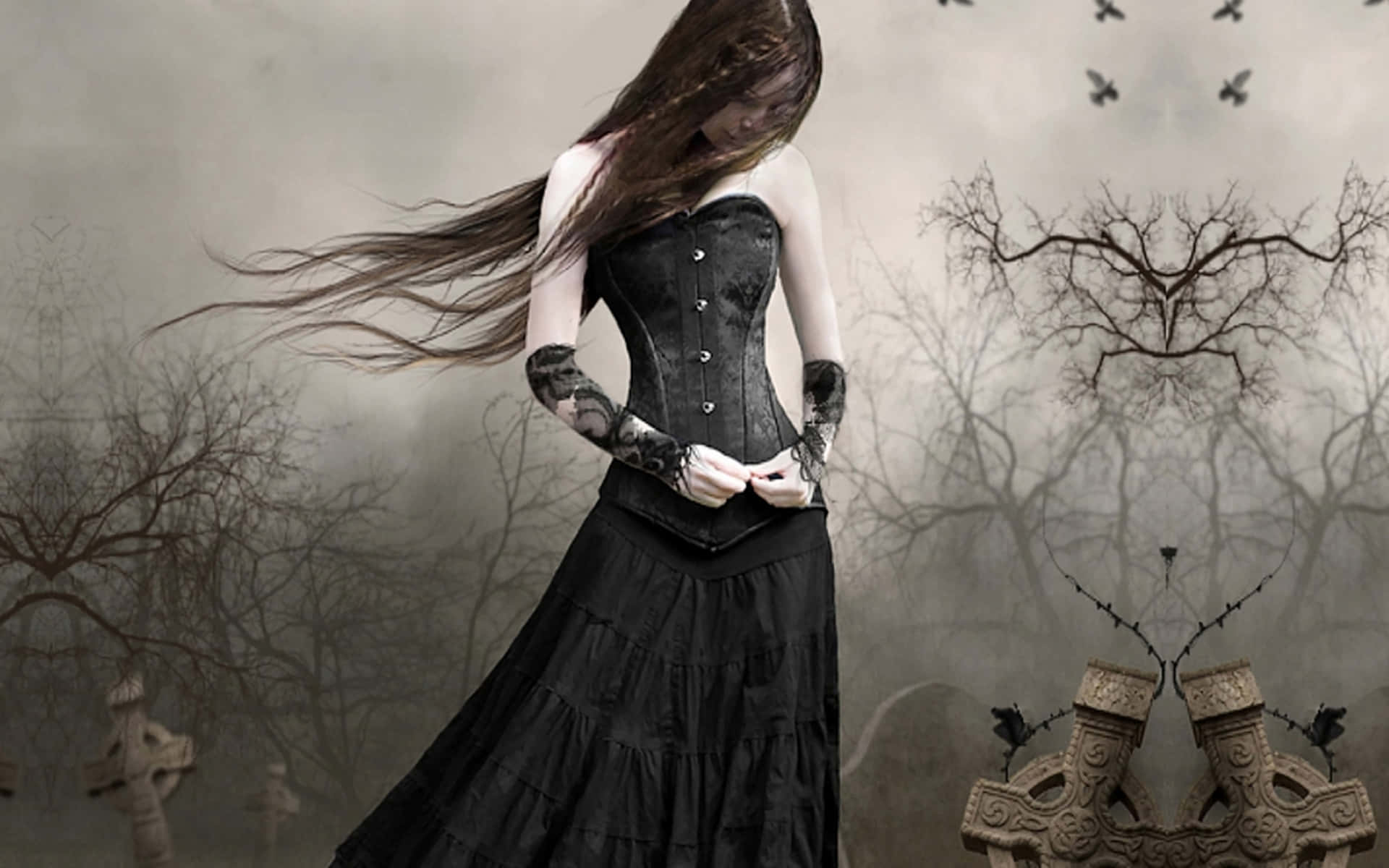 En kvinde i et sort kjole står i et kirkegård Wallpaper