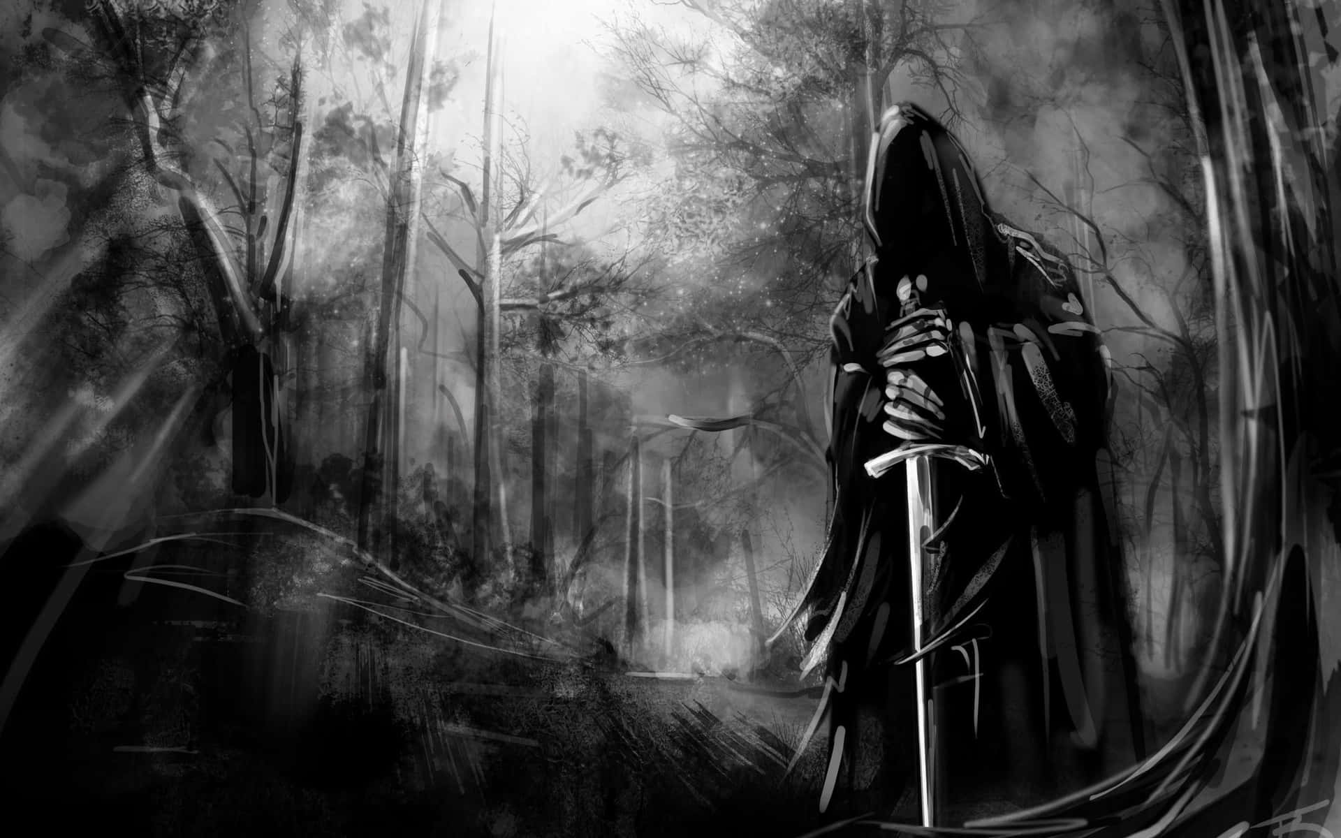 A Dark Figure In A Cloak Is Standing In The Woods Wallpaper