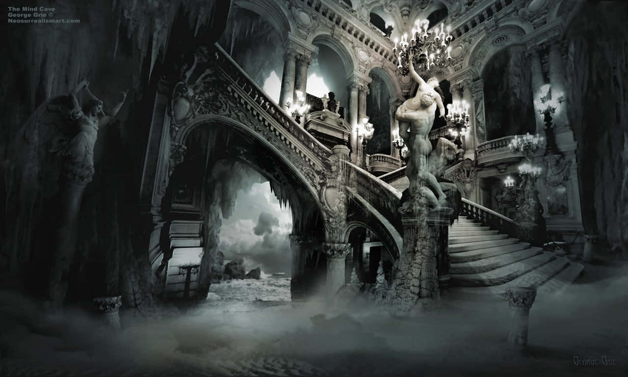 A Dark Staircase With A Staircase And A Chandelier Wallpaper
