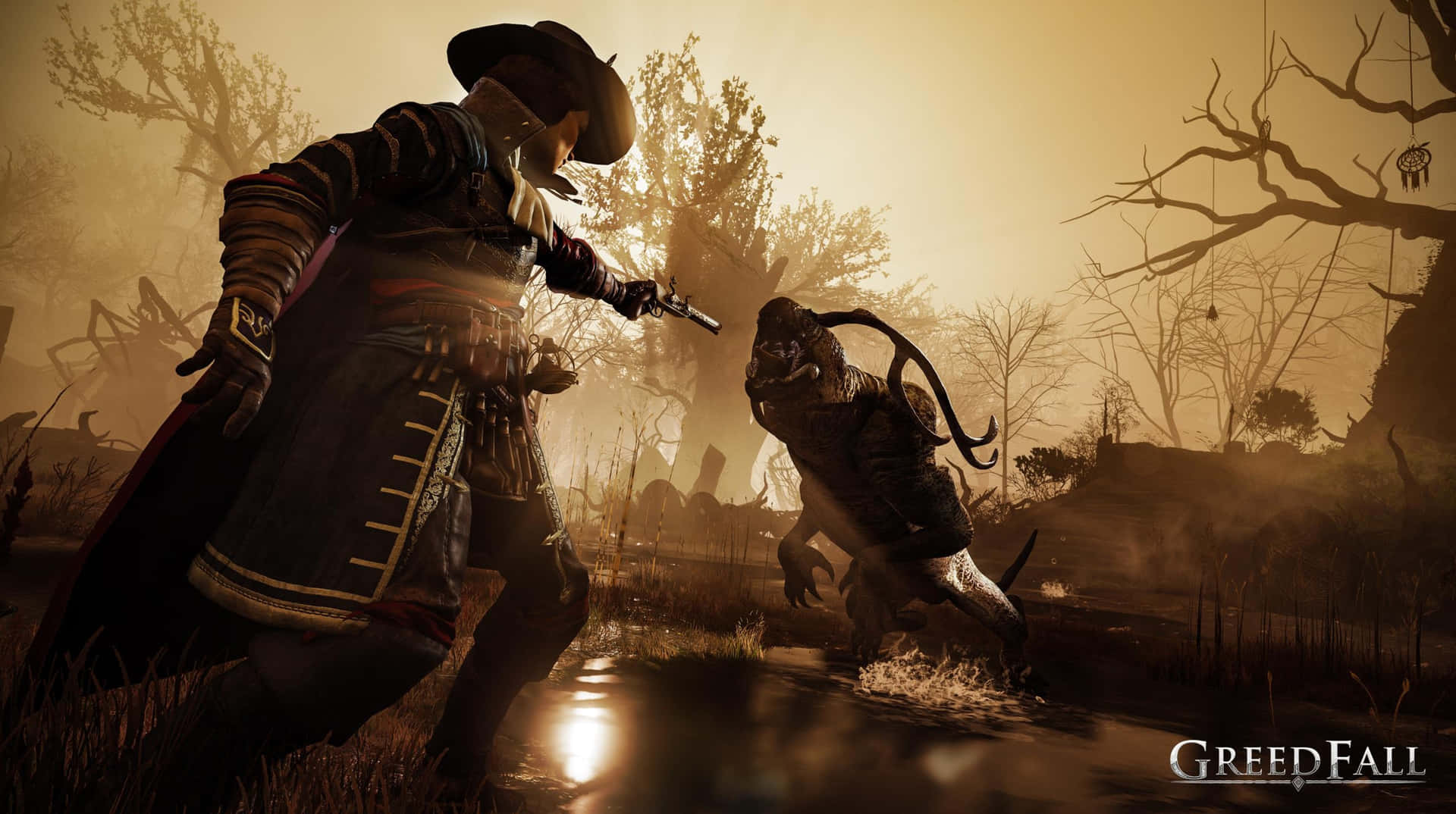 Hd Greedfall Background Pirate Fighting Swamp Monster Wallpaper