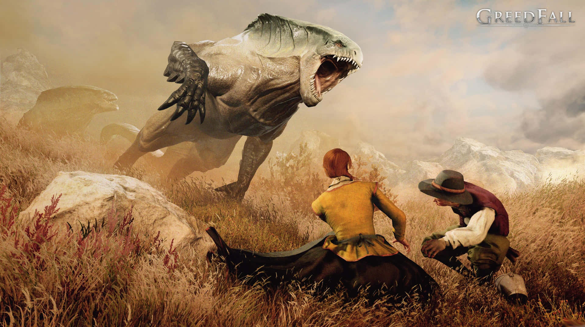 Hd Greedfall Background Couple Being Attacked By Monster Wallpaper