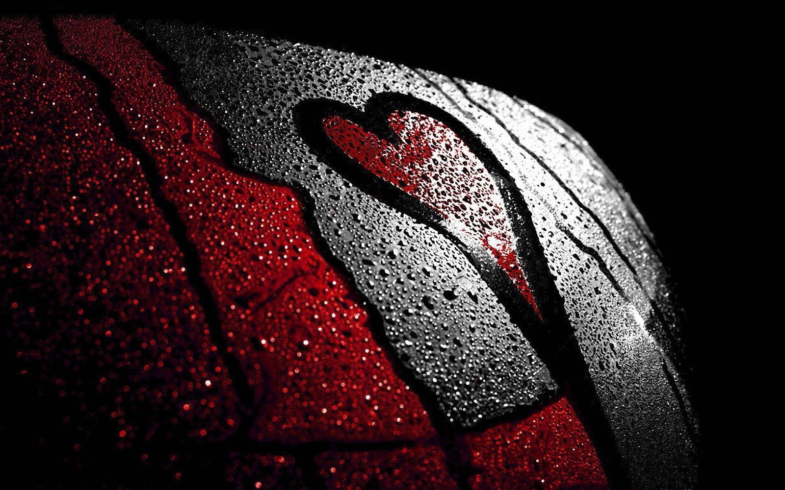 Cool HD wallpaper of close-up of red heart design with water droplets.  