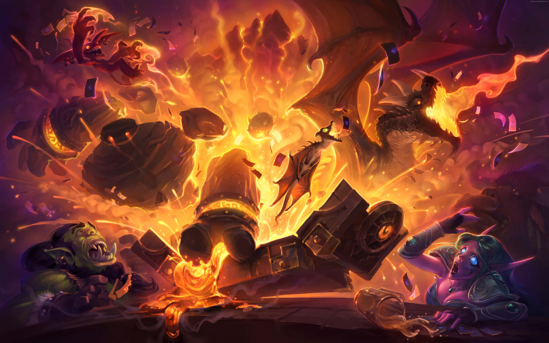An ethereal Hearthstone card-battling scene looked over by a giant spectral dragon ready to enter play at any moment