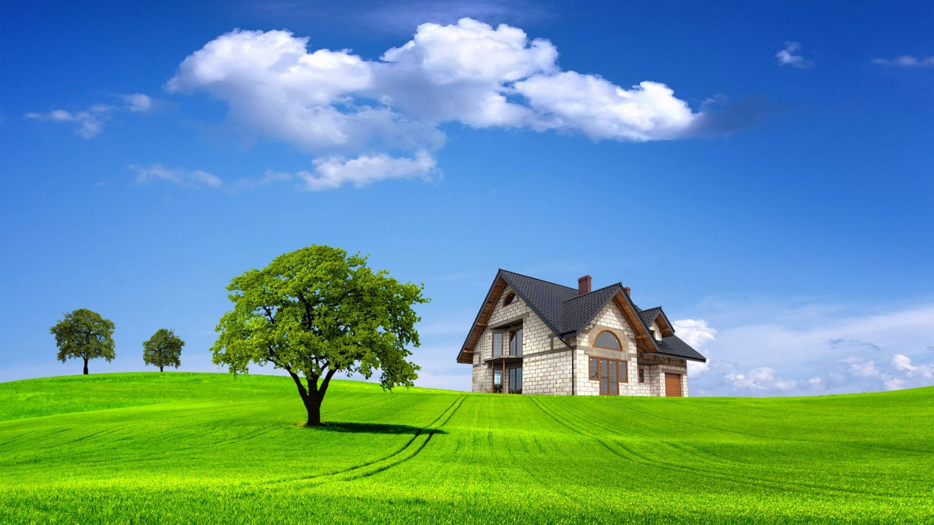 HD wallpaper of house standing on green field during bright day. 