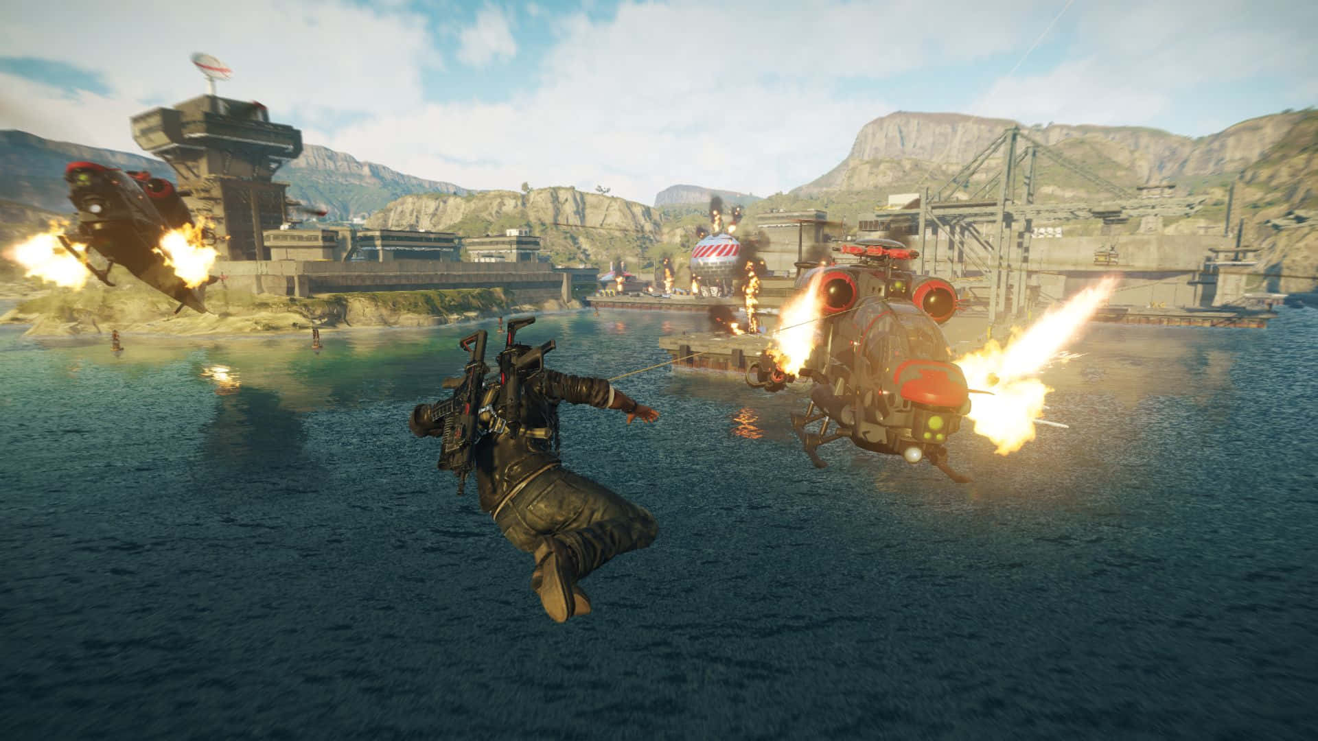 A Screenshot Of A Video Game With A Helicopter Flying Over Water