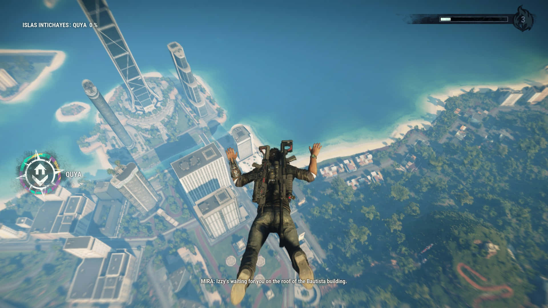 A Man Is Flying Over A City In A Video Game