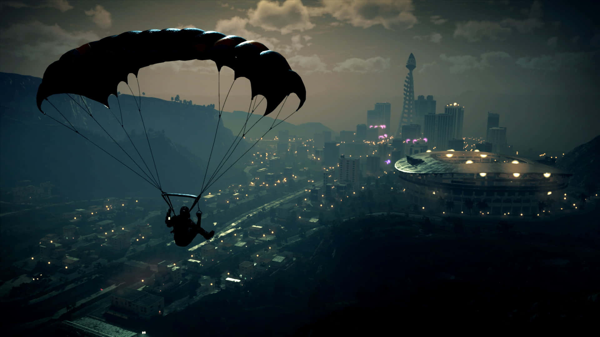 A Man Is Flying Over A City With A Parachute