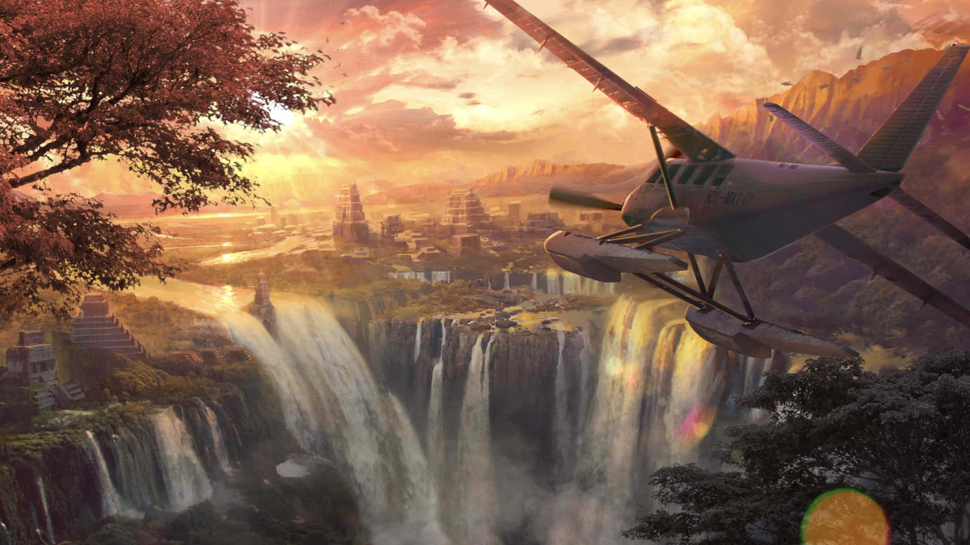 A Plane Flying Over A Waterfall