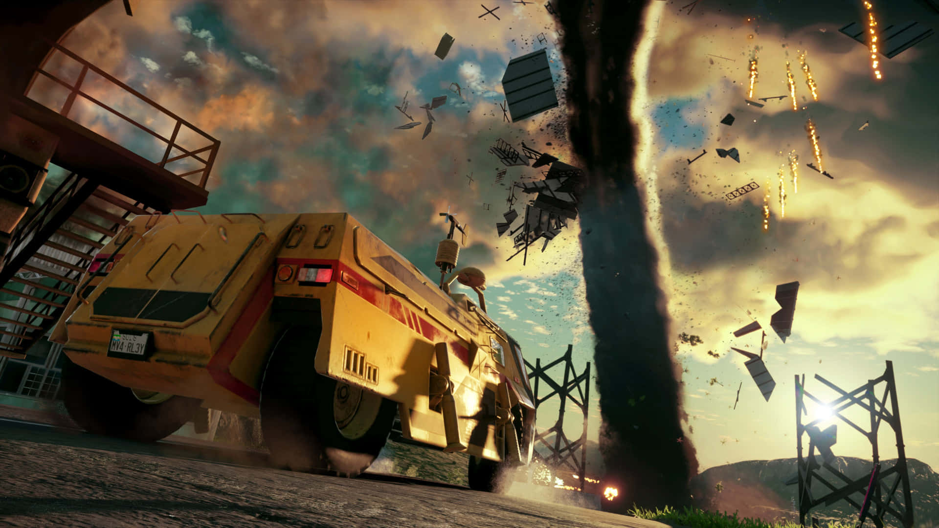 A Yellow Truck Driving Through A City With A Large Explosion