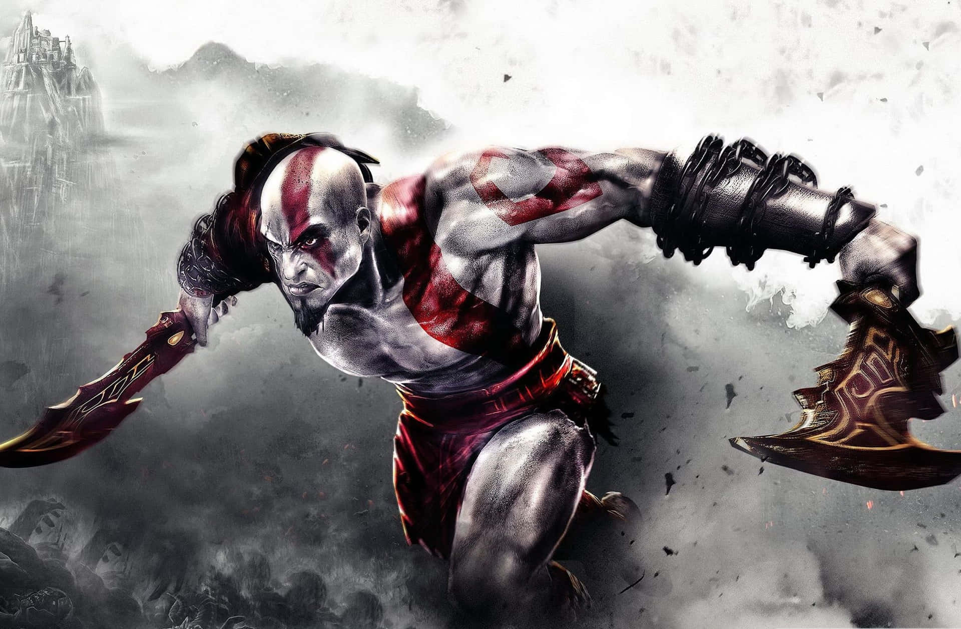 HD Kratos Videospil Tapet - Se den magtfulde Antihelten Kratos iscenesætte et dramatisk Fantasy Kulisse med dette HD-Tapet. Wallpaper