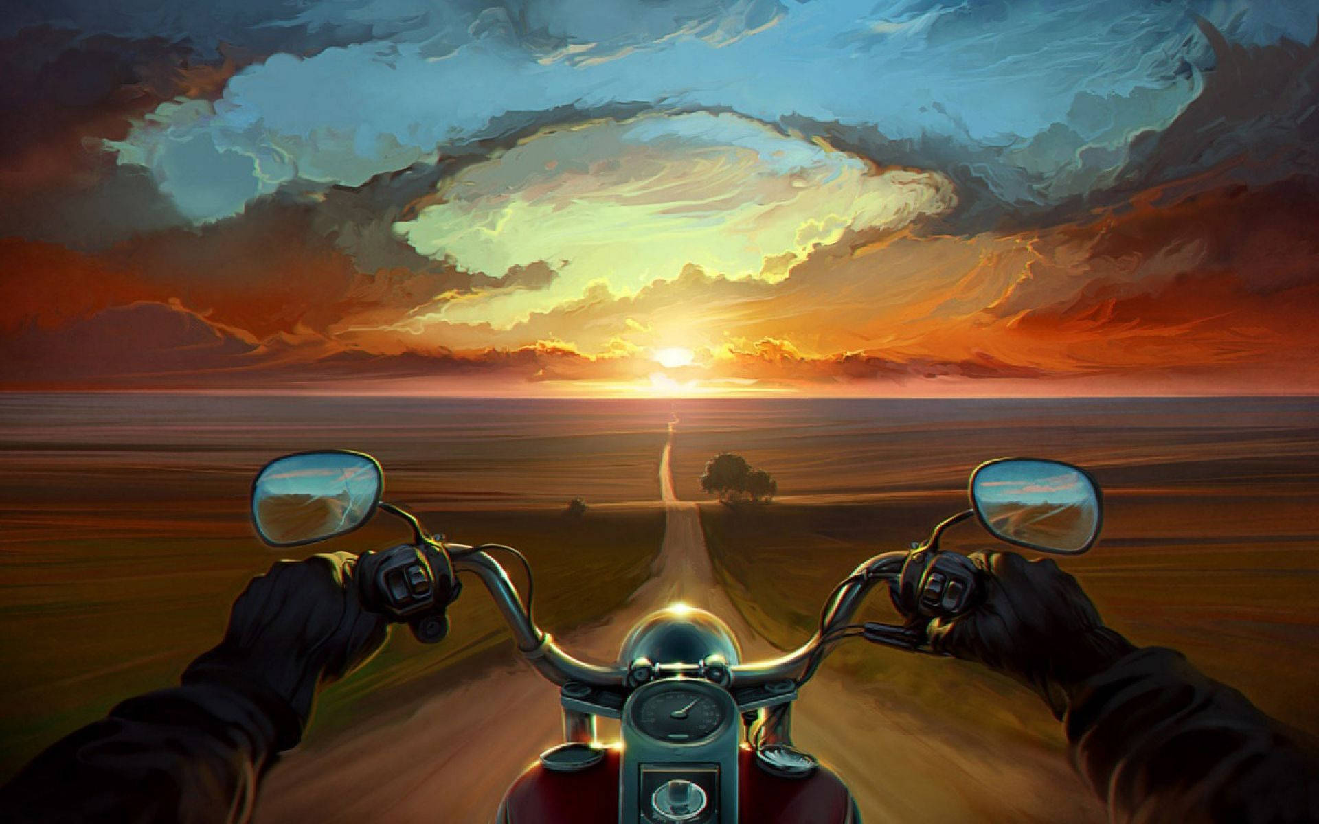 Hd Motorcycle Nature-sunset View Art Wallpaper