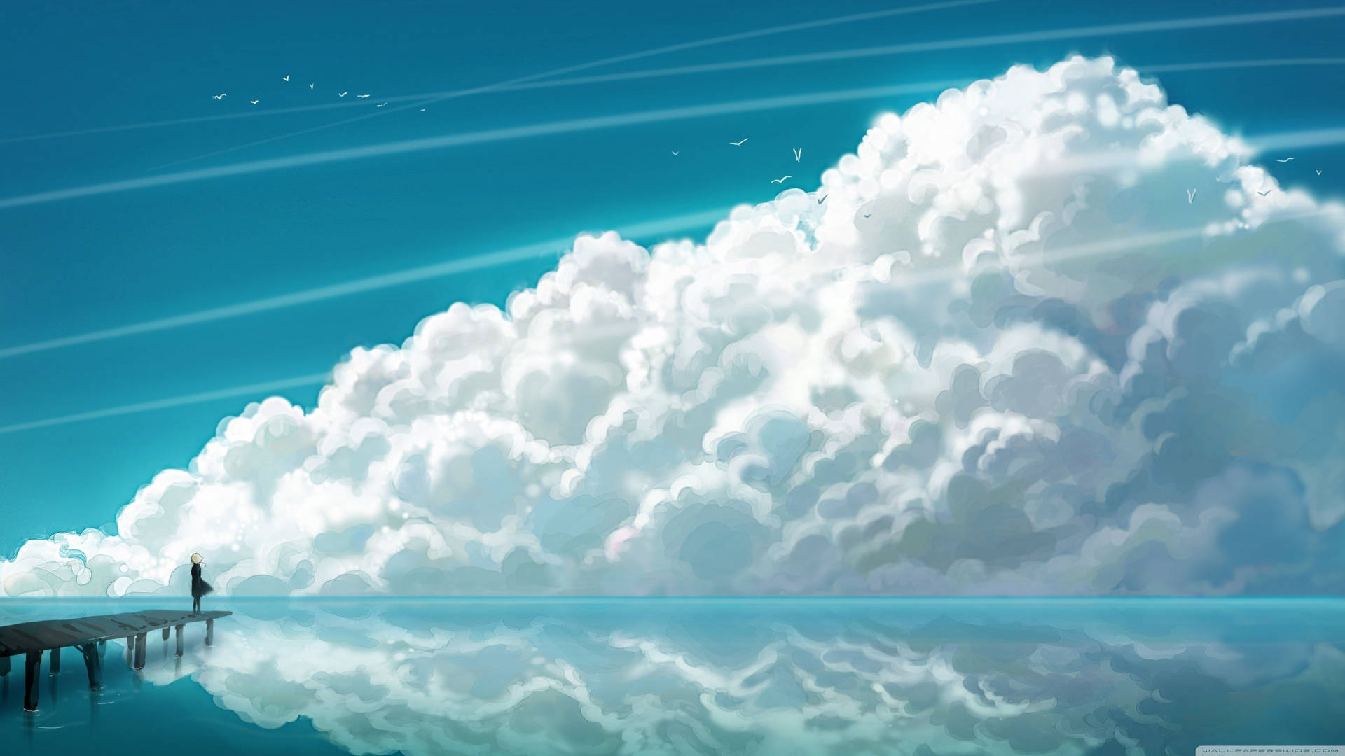 HD wallpaper of white clouds and clear blue ocean. 