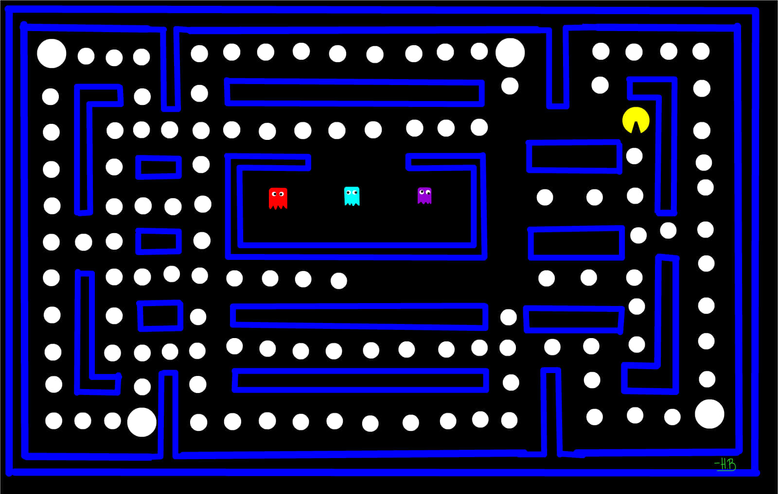 Pac-man spil med en blå baggrund og hvide prikker Wallpaper