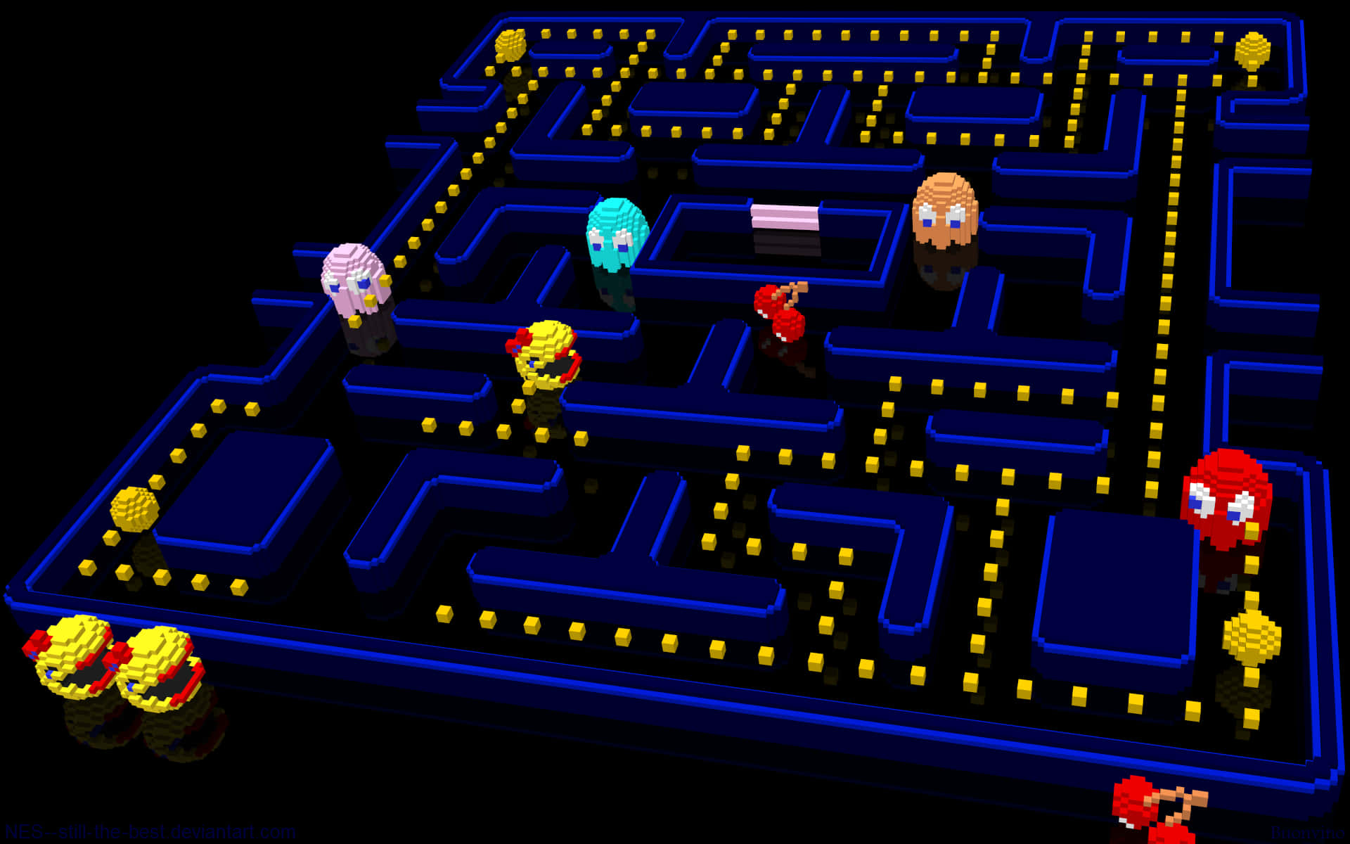Et Pac Man-spil med et par figurer, der svæver rundt. Wallpaper