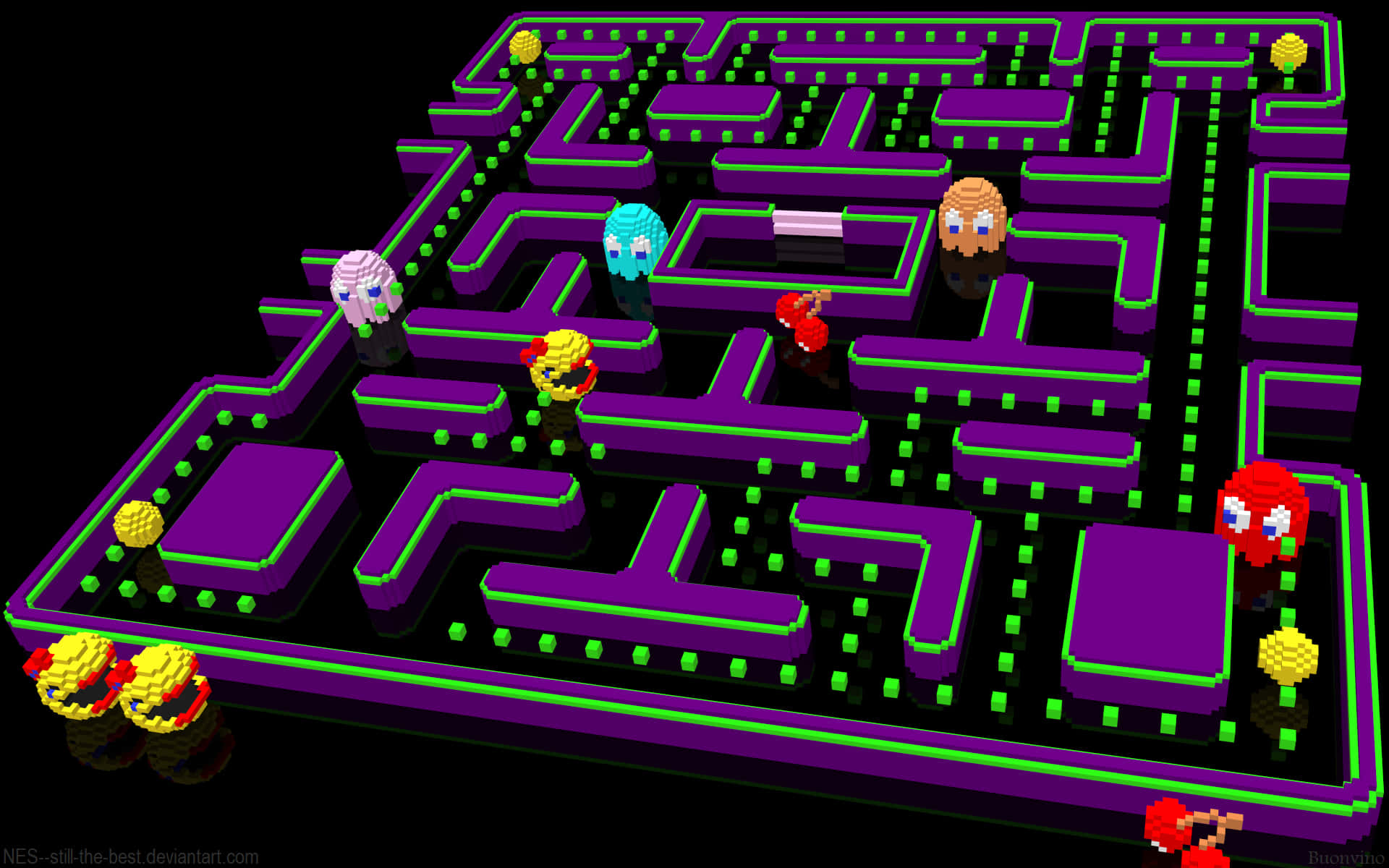 A Purple And Purple Pacman Game With A Purple Background Wallpaper