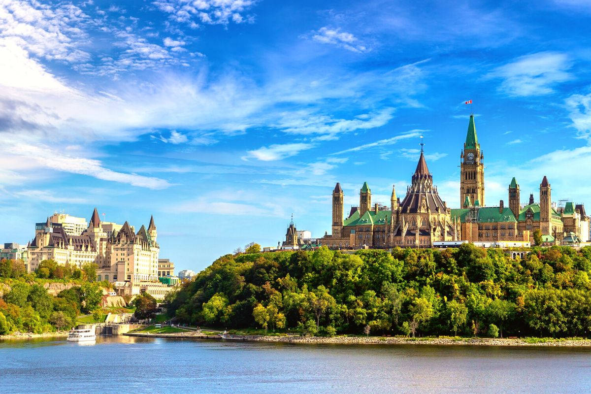 Majestic Parliament Hill Overlooking Ottawa River Wallpaper