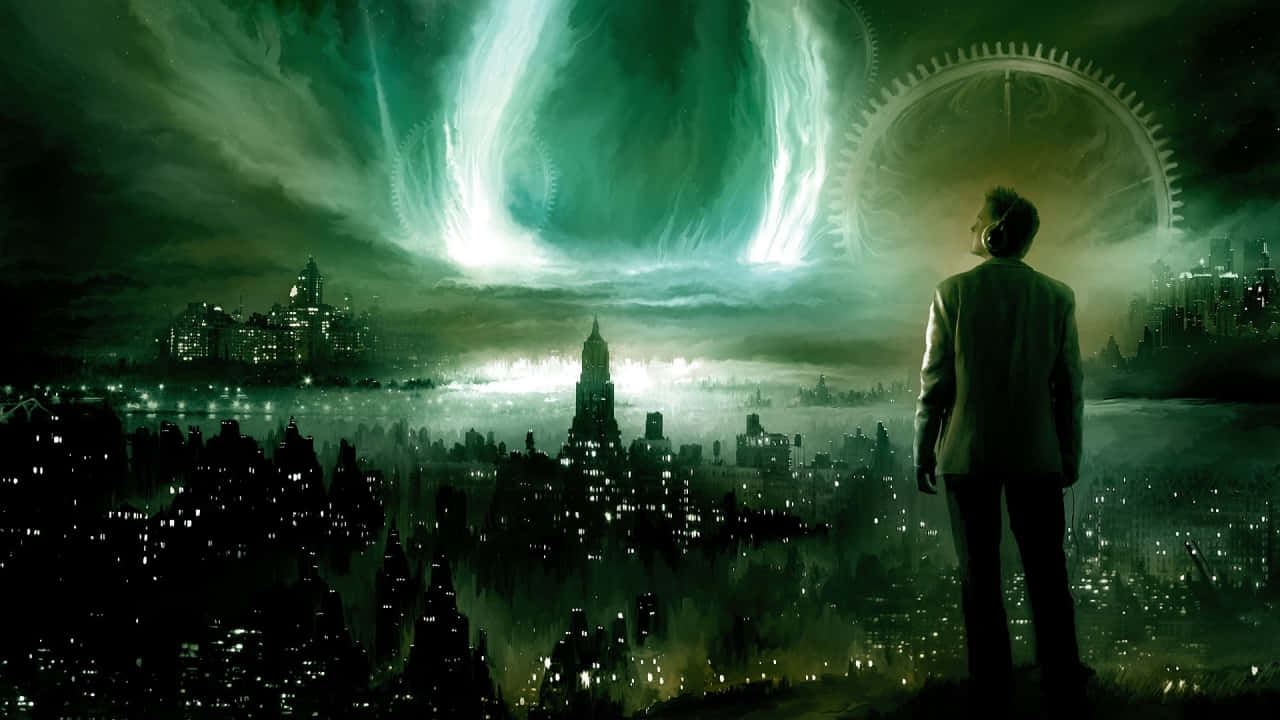 A Man Is Looking At A Green City With A Green Light Wallpaper