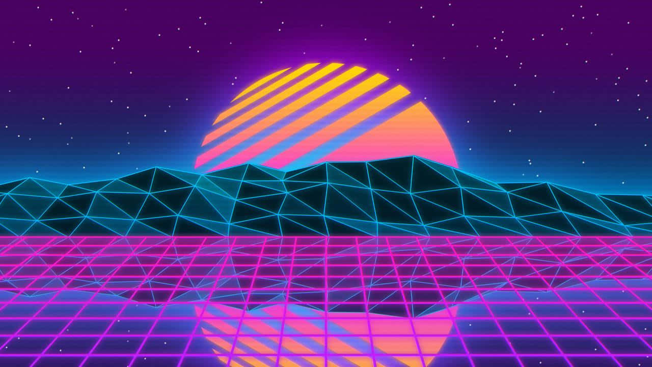 A Retro 80s Style Background With A Mountain And A Sun Wallpaper