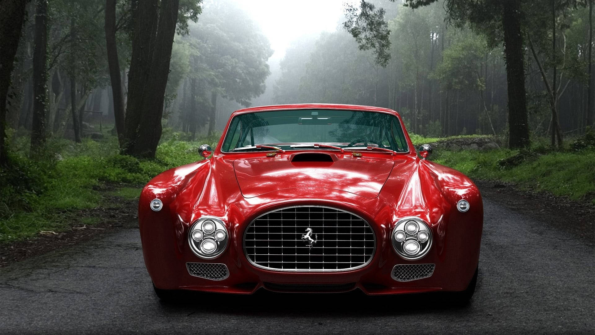 Hd Red Car In Forest Wallpaper