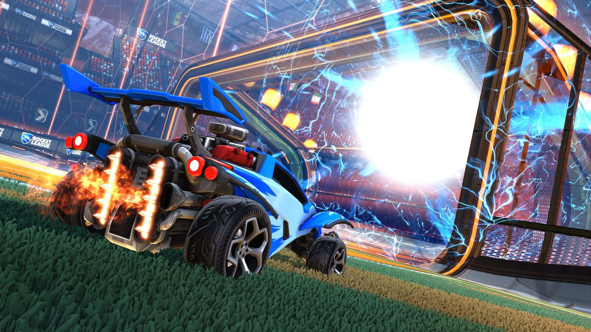 Red and Blue cars boost through a neon-lit stadium in Rocket League.