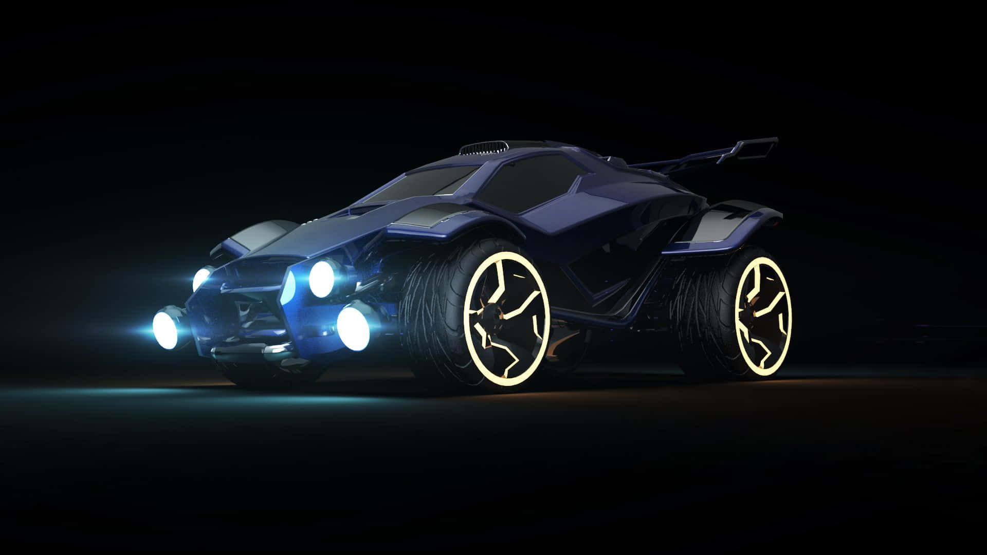 En blå bil med lys på det i mørket.