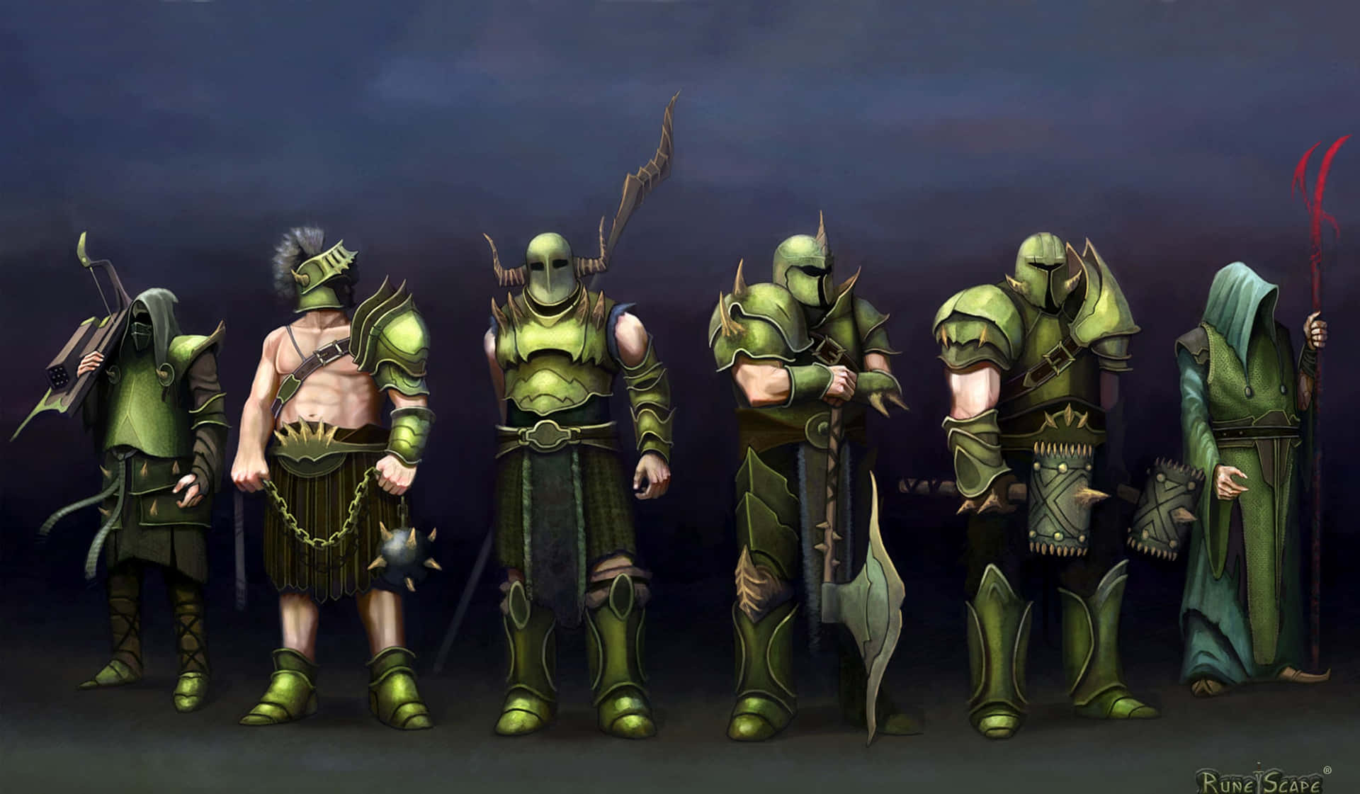 A Group Of Green Warriors Standing In A Line