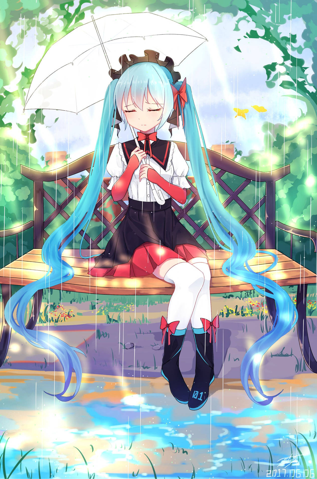 Hatsune Miku looks sad as she stares wistfully into the distance. Wallpaper