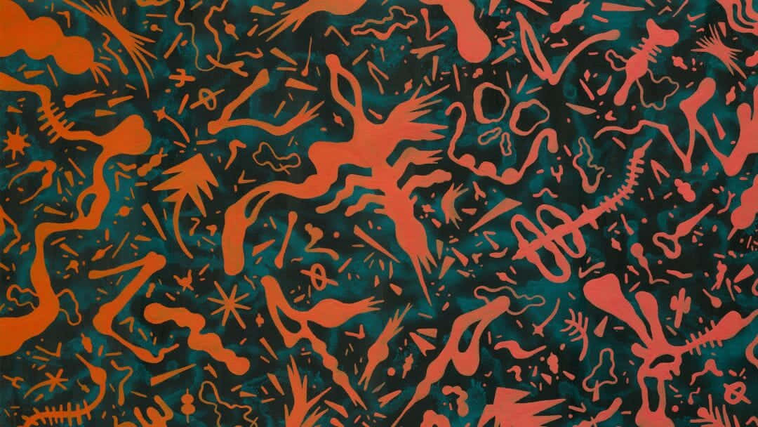 A Painting With Orange, Black And Green Shapes Wallpaper