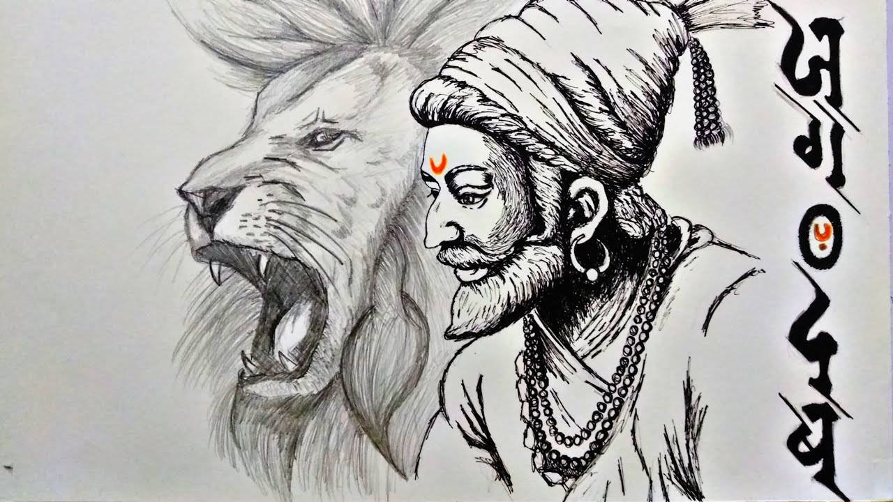 Hd Sketch Shivaji Maharaj And Lion Wallpaper