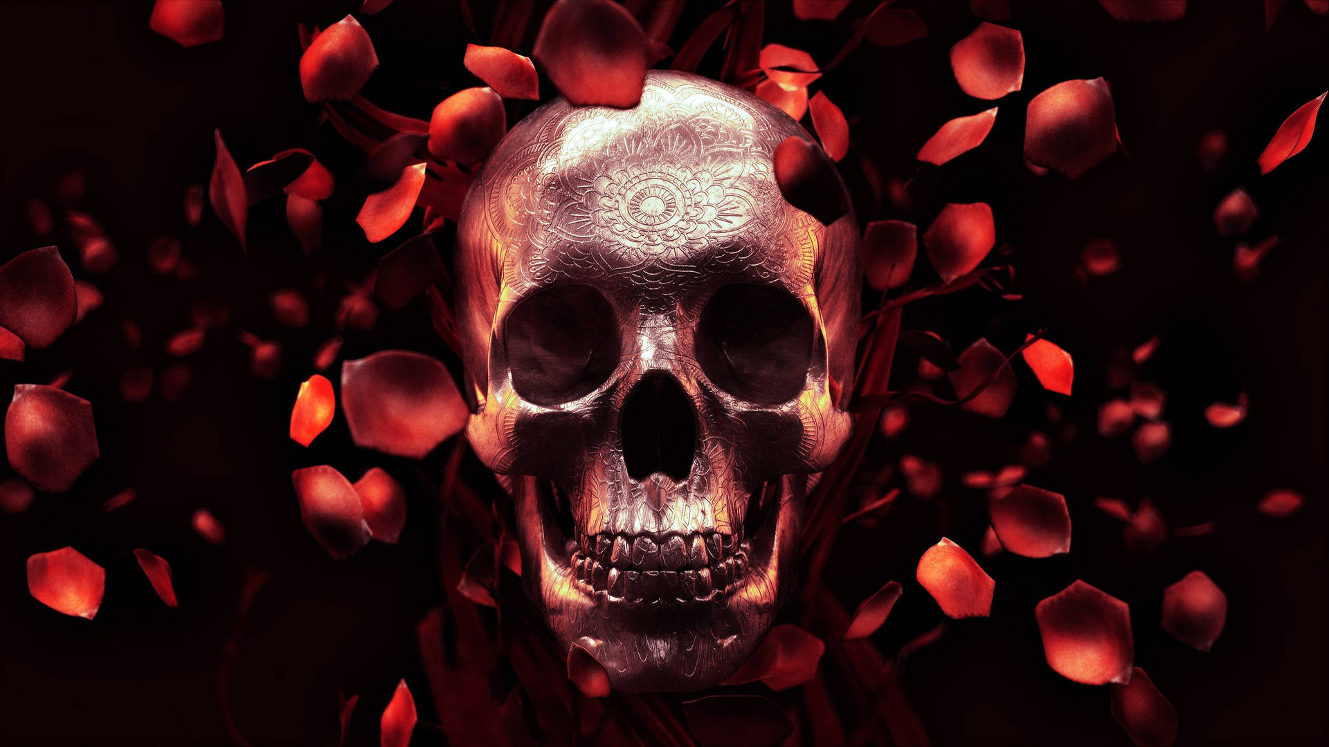Hd Skull Med Røde Kronblade Wallpaper