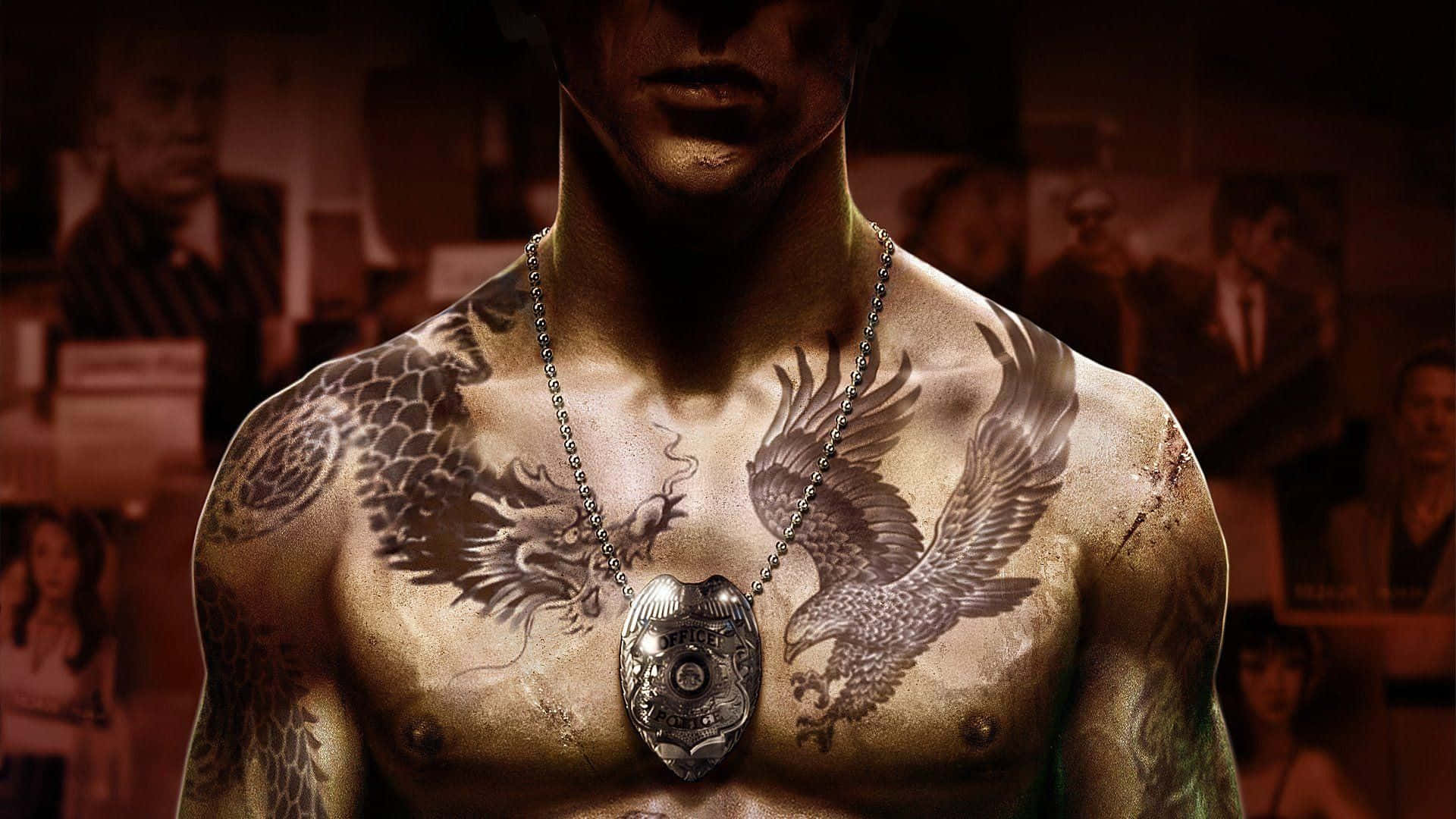 Sfondoin Alta Definizione Con I Tatuaggi Di Aquila E Drago Di Wei Shen In Sleeping Dogs.