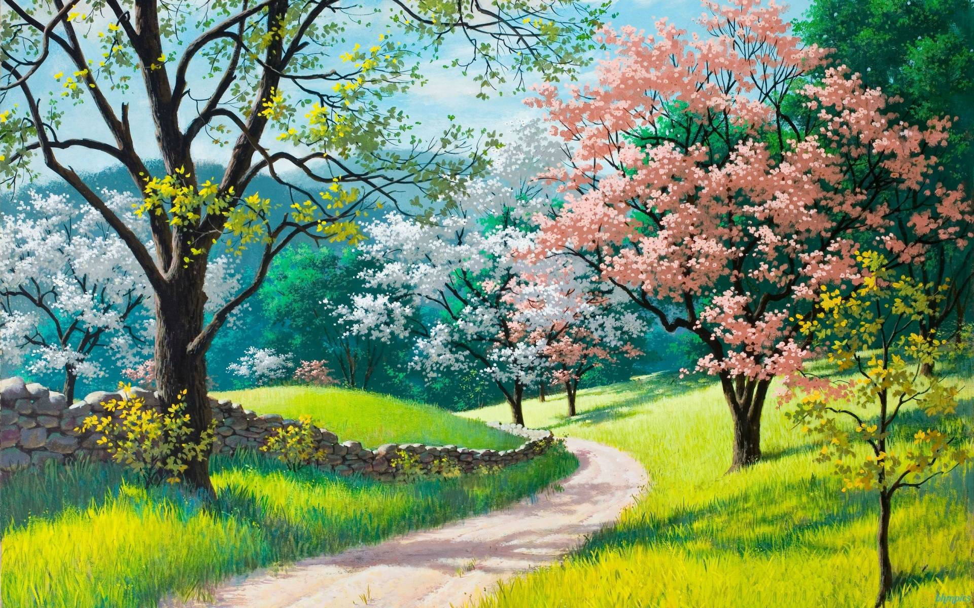 Hd Spring Landscape Painting Wallpaper