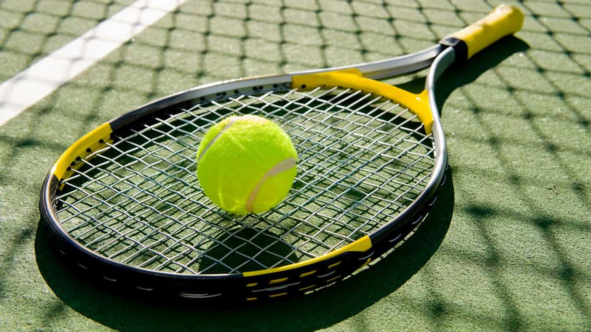 HD Tennis Racket And Ball On Court Background