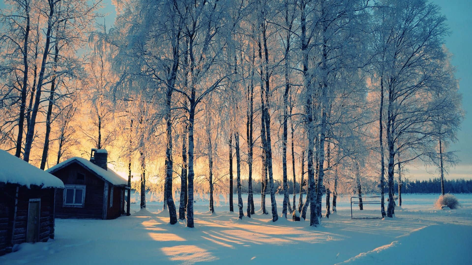 Hd Winter Background Cabins With Sunset Scenery Background