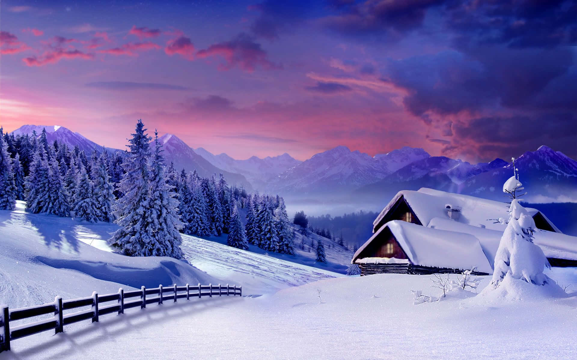 Hd Winter Background Cabin With Purple Sky Mountains Background