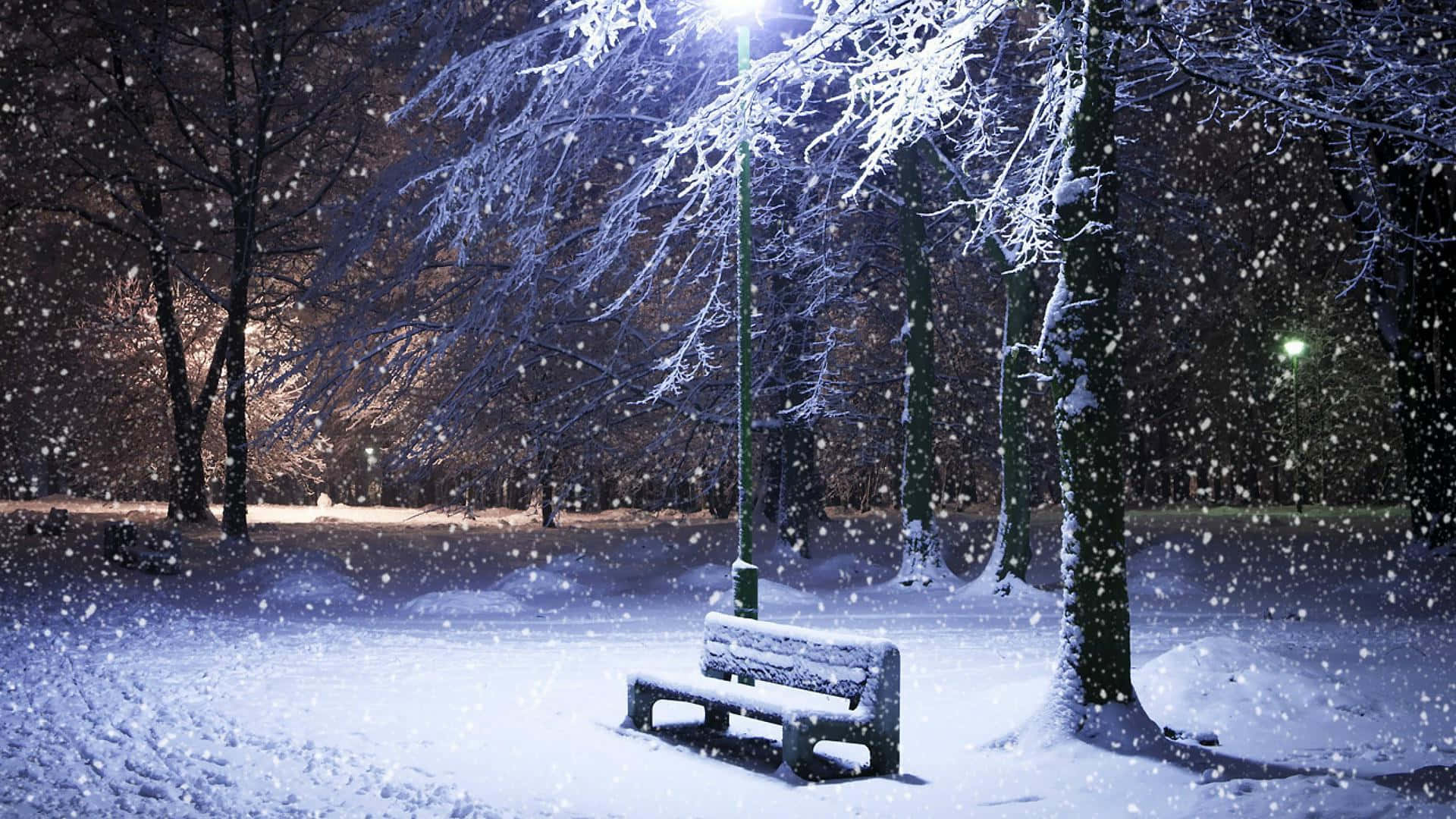 Hd Winter Background Snow Covered Park Bench With Light Post Background