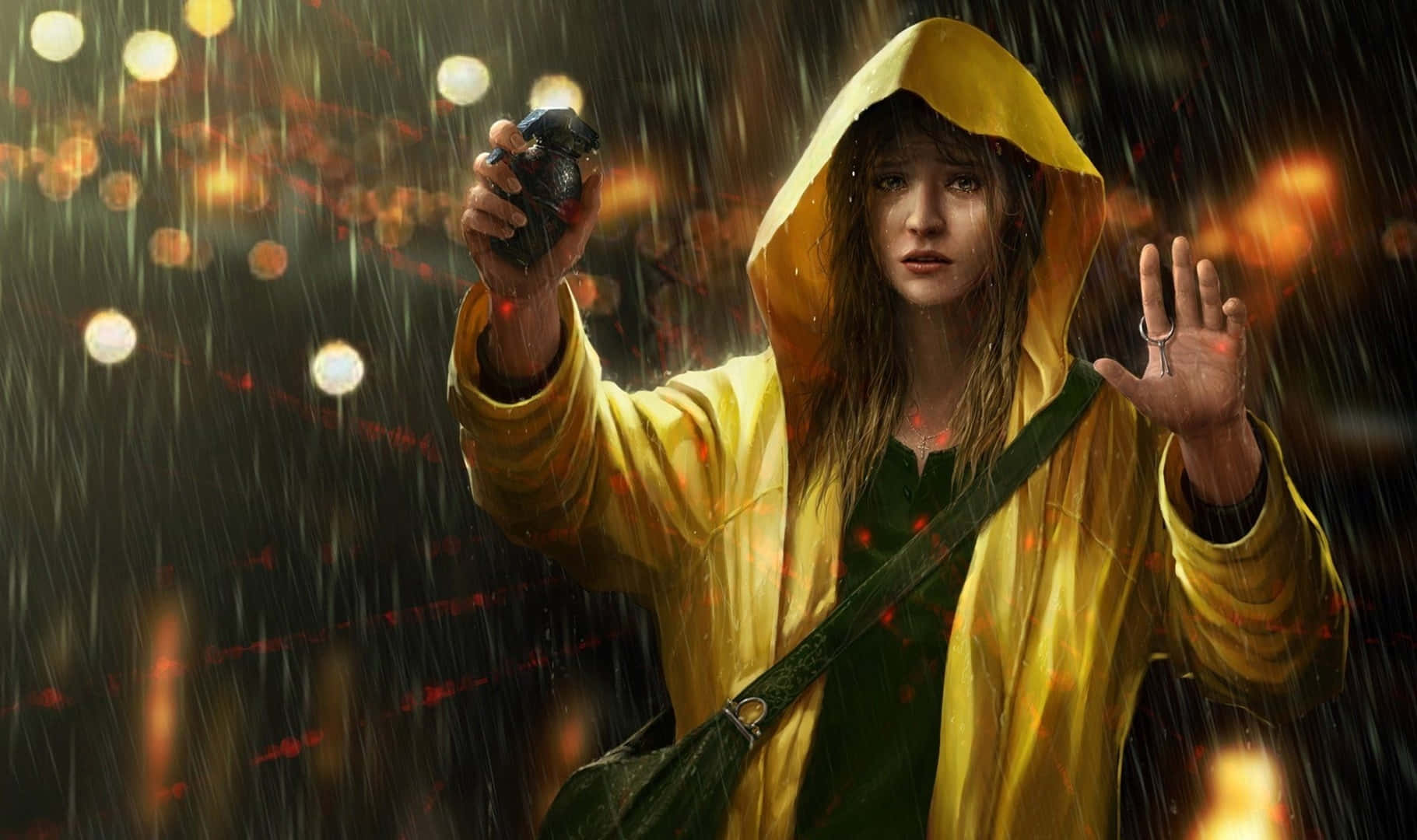 Einefrau In Einem Gelben Regenmantel, Die Eine Kamera Hält. Wallpaper