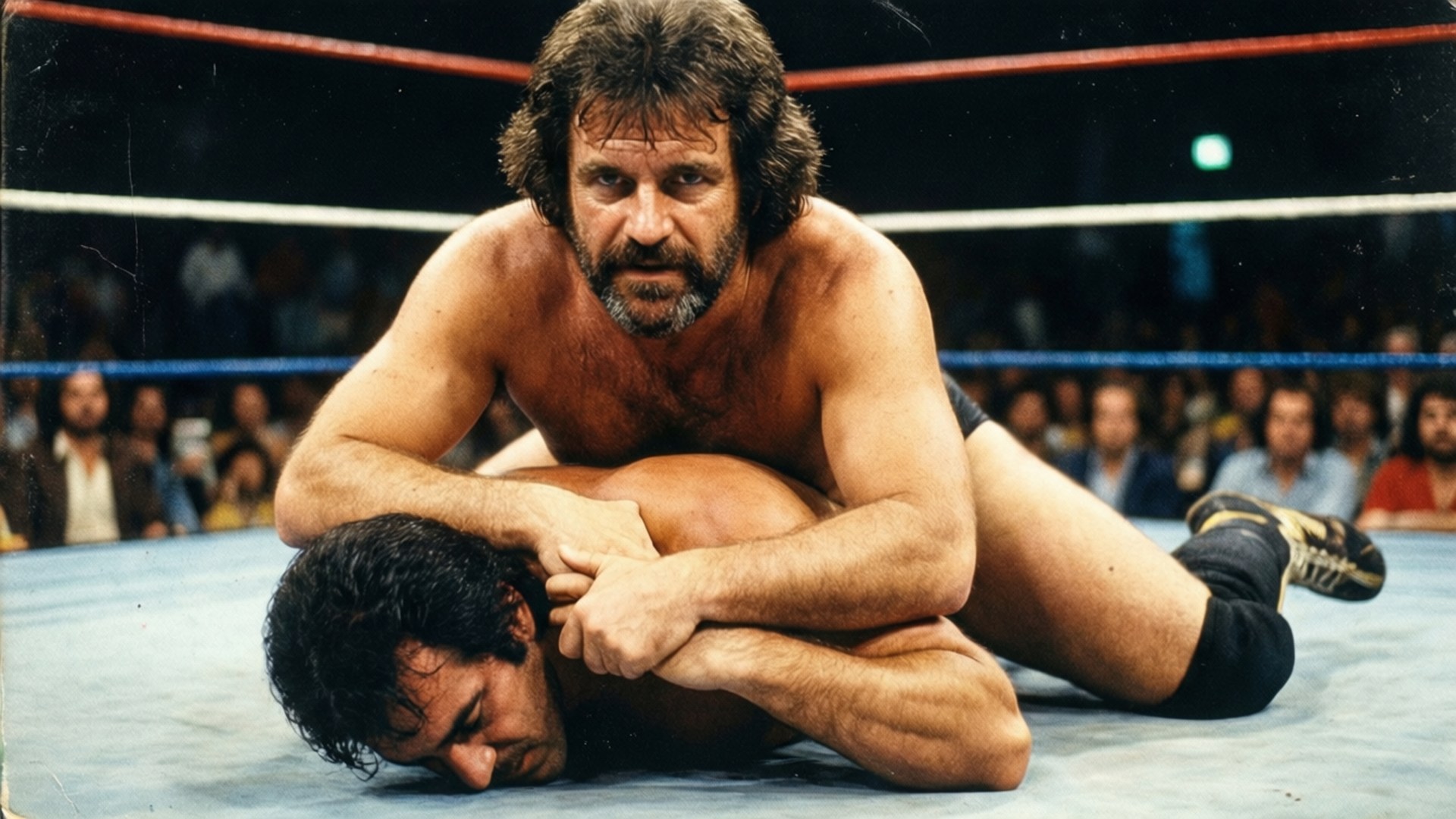 Bobo Brazil applying a headlock in a vintage 1970s ring shot.