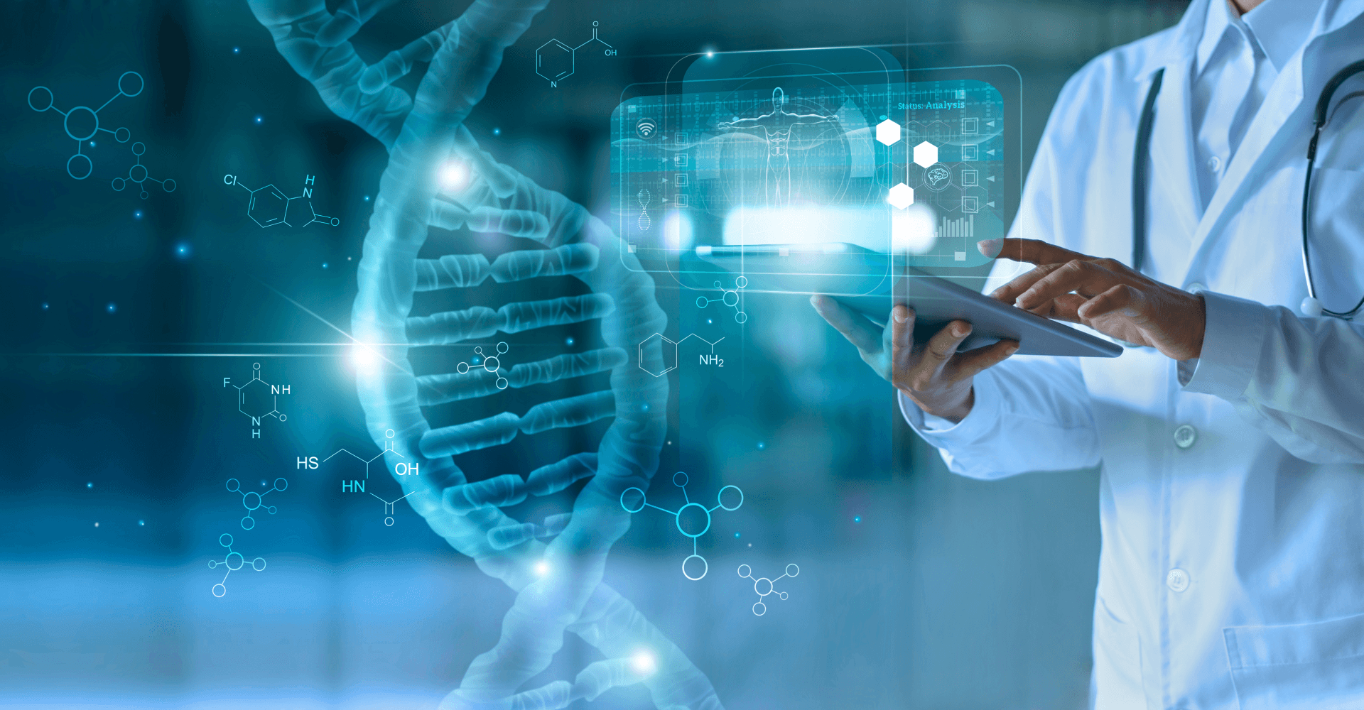 A Doctor Is Holding A Tablet With A Dna Strand In Front Of It