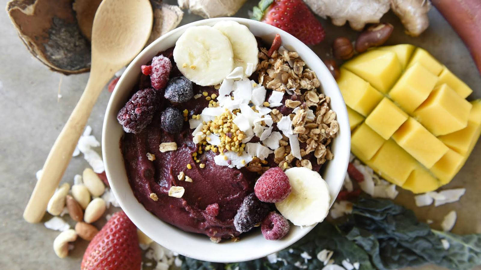 Healthy Acai Berry Fruit Balance Bowl Top View Wallpaper