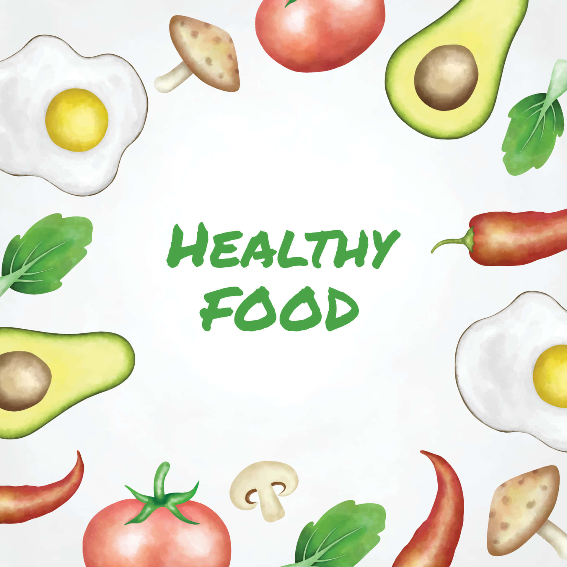 Healthy Food Illustration With Avocado, Tomatoes, Eggs And Mushrooms
