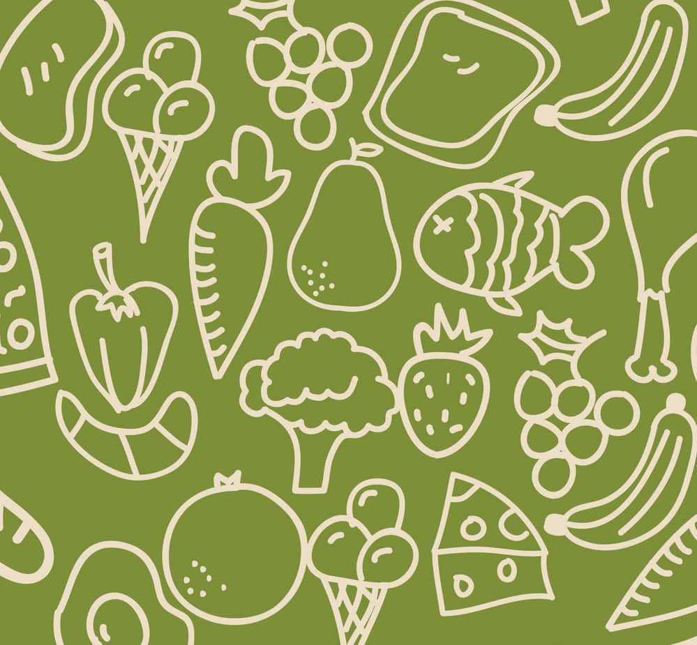 Einnahtloses Muster Von Handgezeichnetem Essen Auf Einem Grünen Hintergrund.