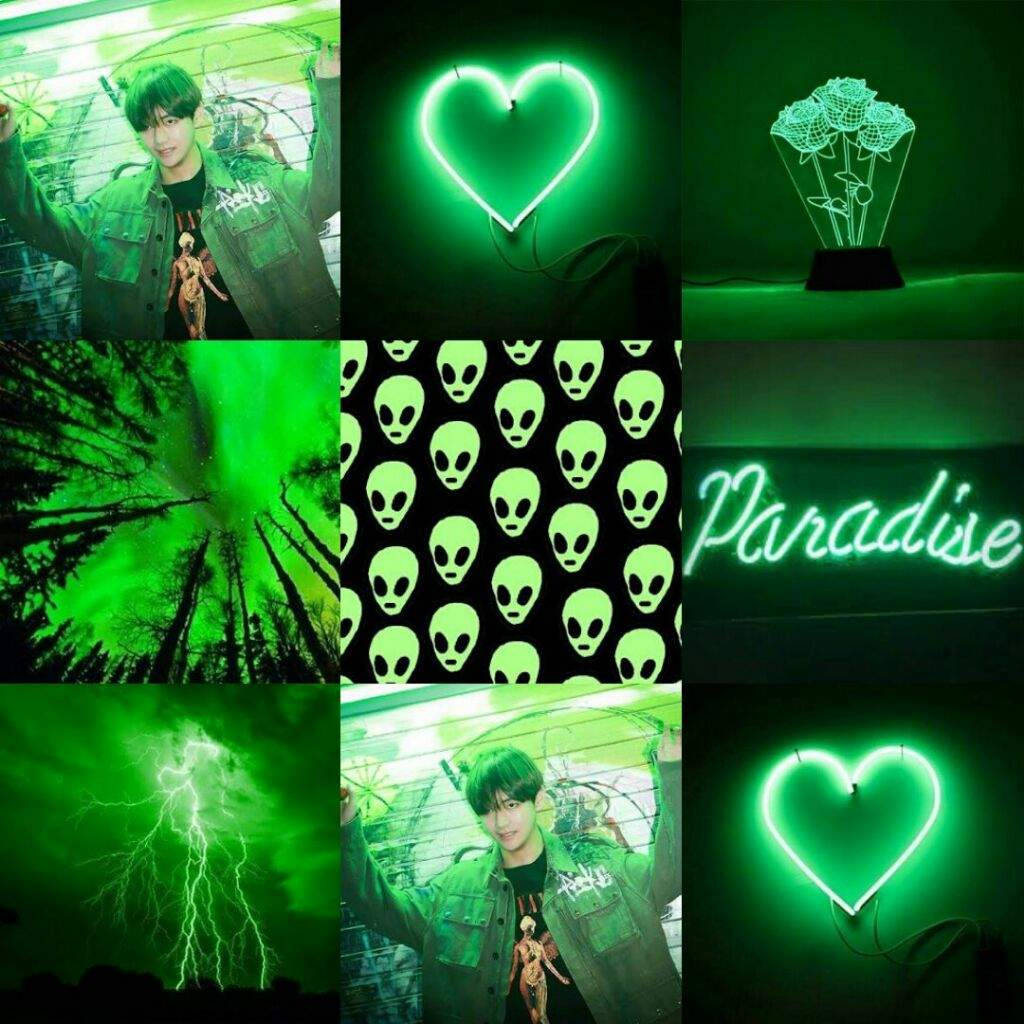 Heart And Roses Neon Green Aesthetic Wallpaper