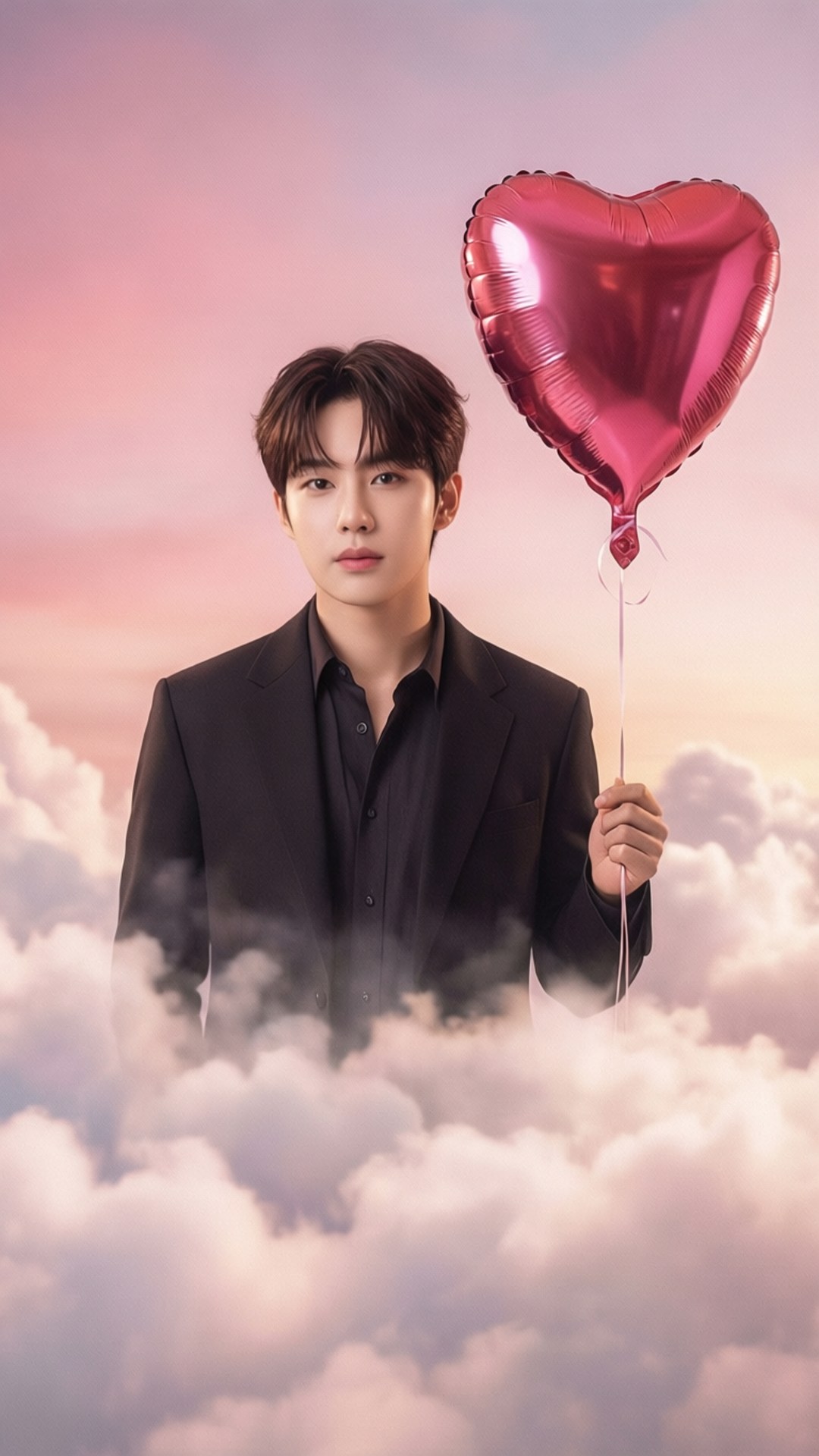 Man in black suit holding pink heart balloon floating above clouds at sunset.